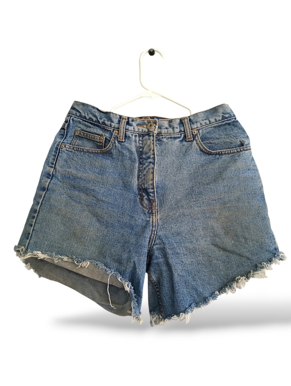 At Denim High-Rise Frayed Hem Denim Shorts 90s Distressed Medium Blue Wash 29in